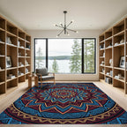Maroon Blue Gold Sunburst Mandala Rug