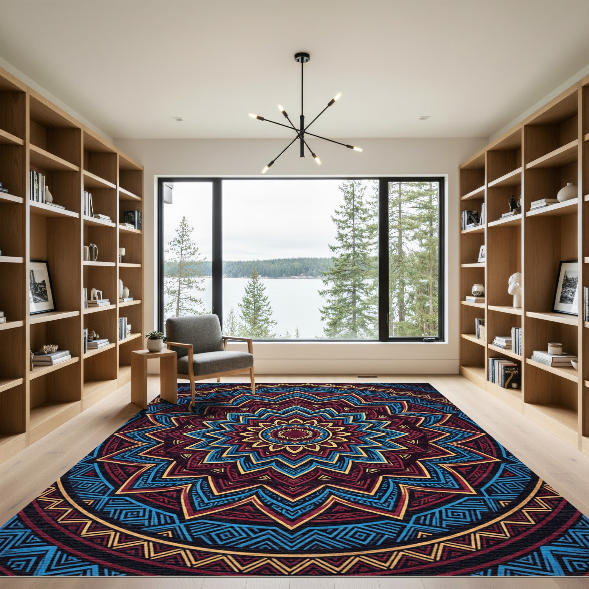 Maroon Blue Gold Sunburst Mandala Rug