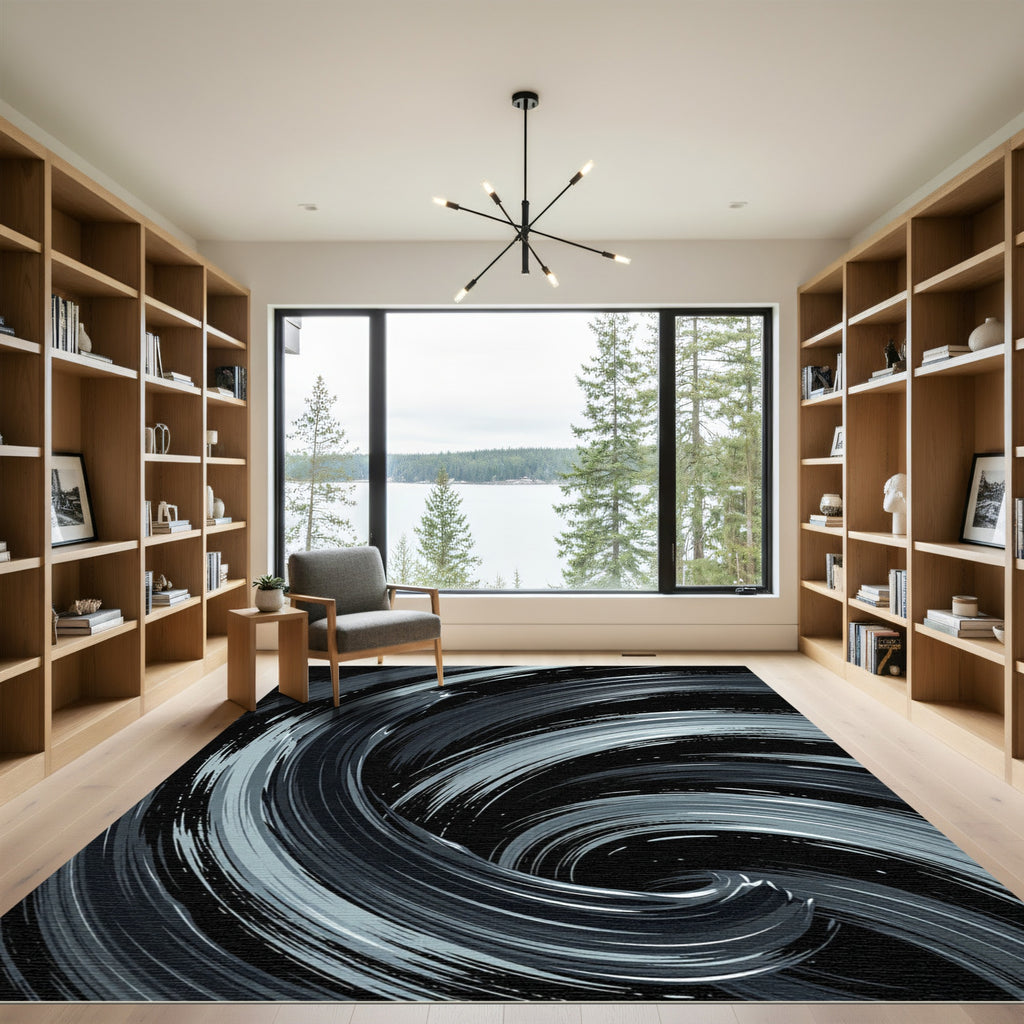 Monochrome Abstract Swirl Fluid Art Rug