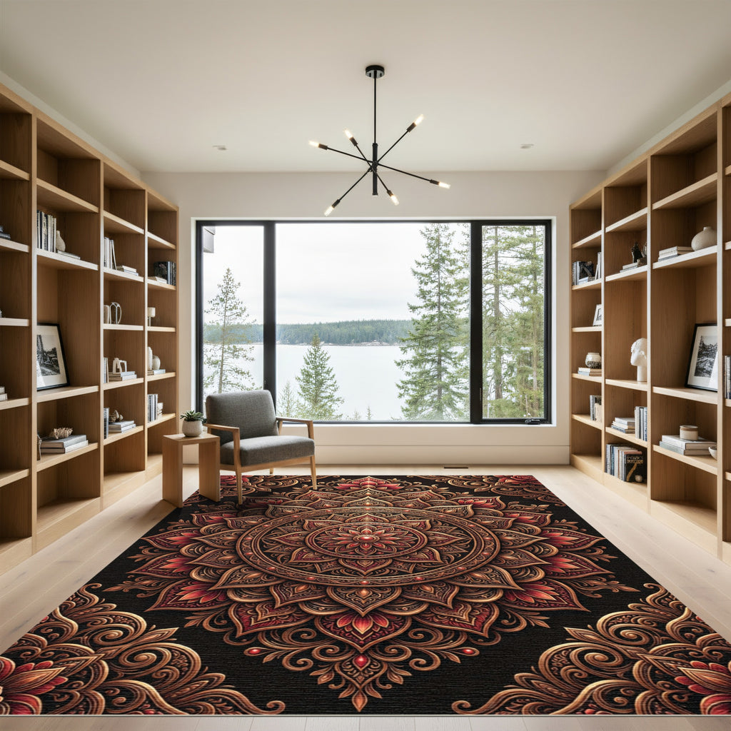 Intricate Crimson Floral Mandala Rug