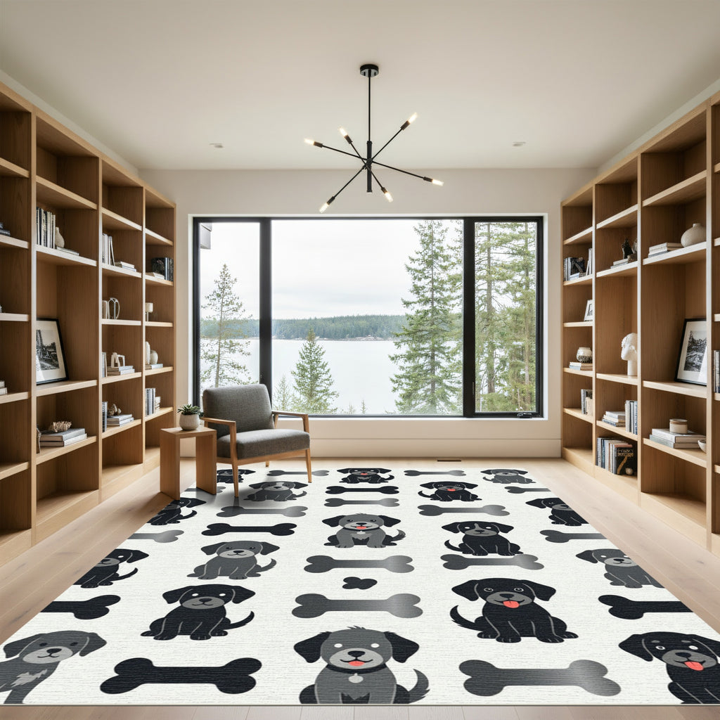 Playful Black Puppy and Bone Illustration Rug