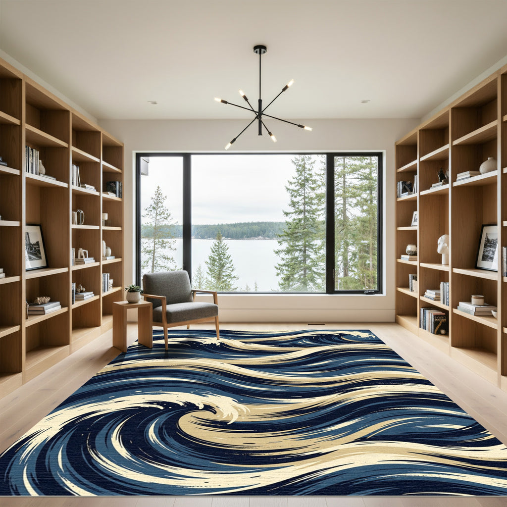 Deep Blue Cream Swirling Ocean Waves Rug