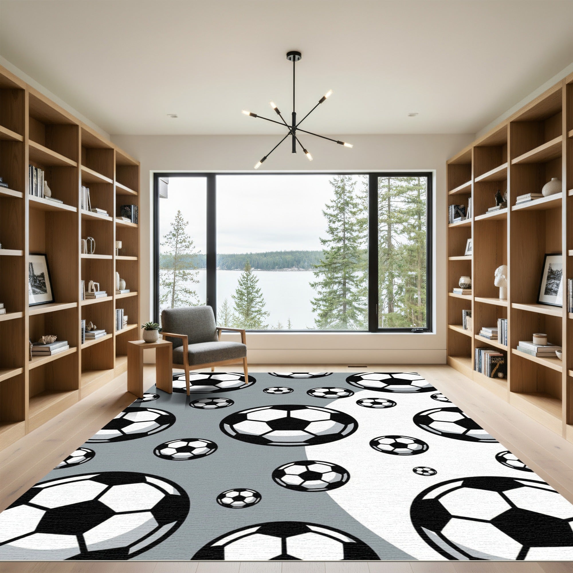 Monochrome Soccer Ball Floating Graphic Rug