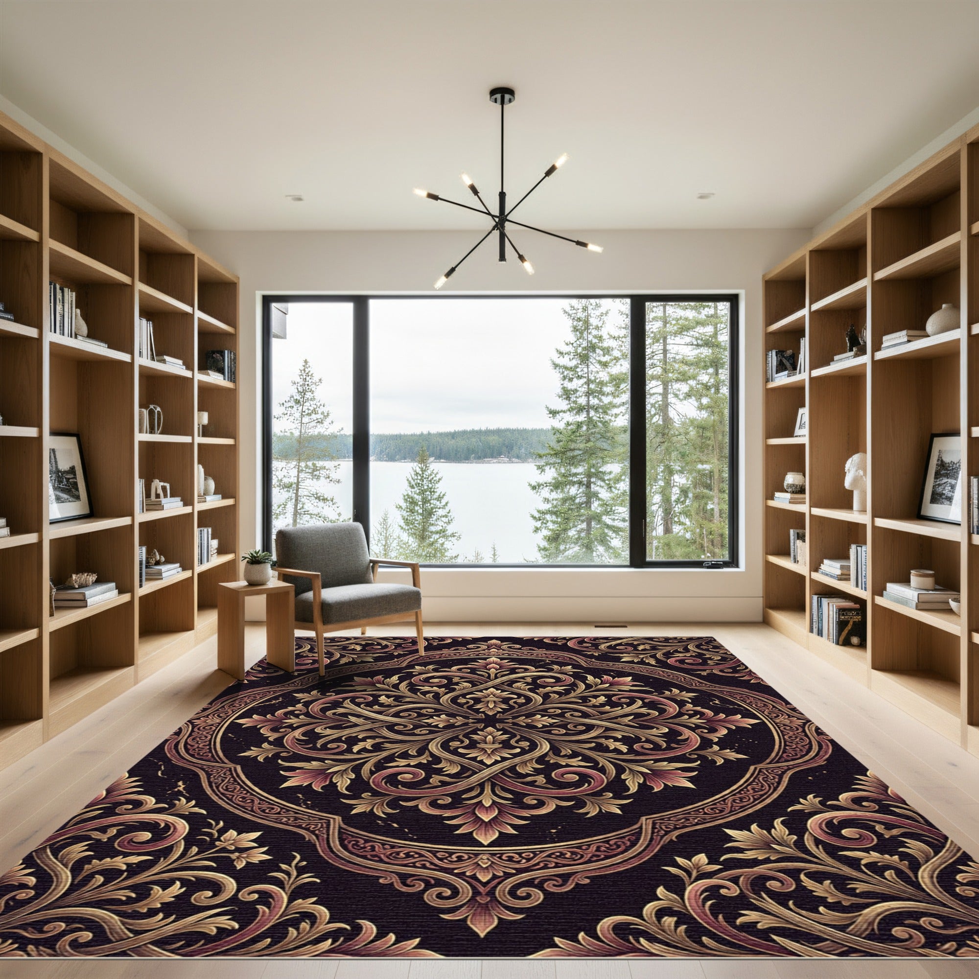 Gold Filigree Damask Dark Floral Medallion Rug