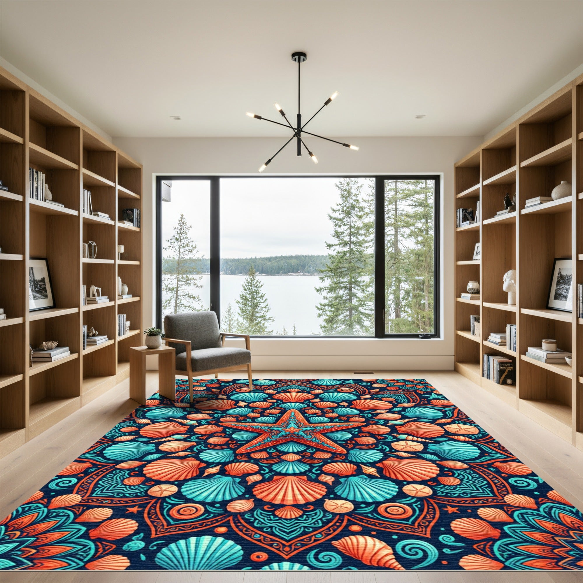 Vibrant Coral Blue Starfish Seashell Mandala Rug