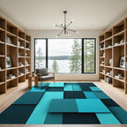 Modern Teal Geometric Block Mosaic Rug