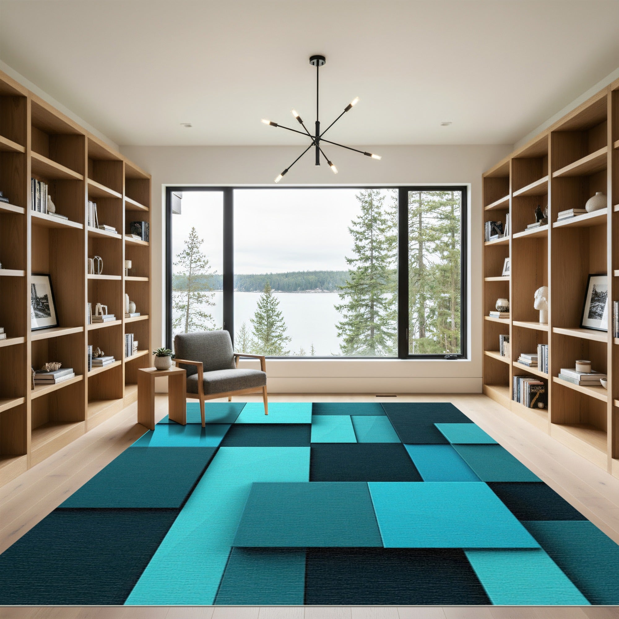 Modern Teal Geometric Block Mosaic Rug