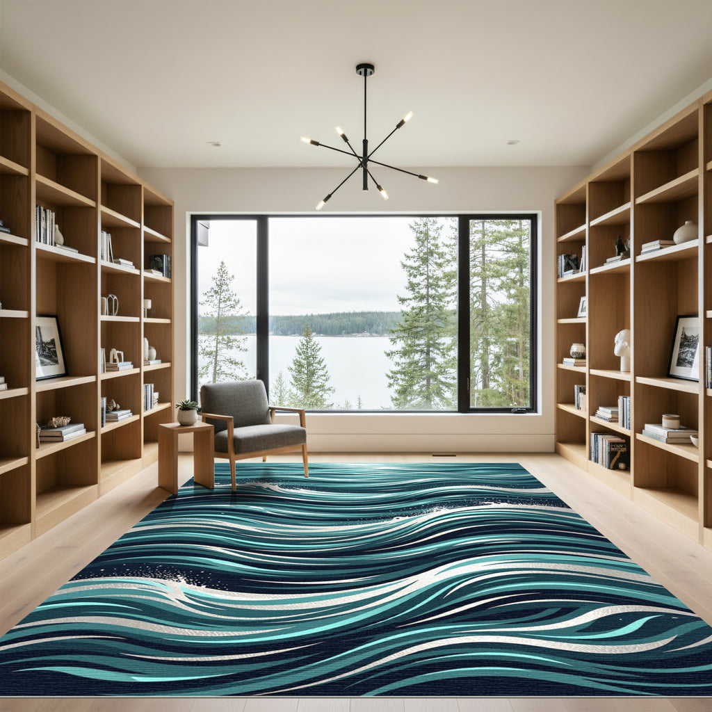 Dynamic Teal and Navy Ocean Wave Rug