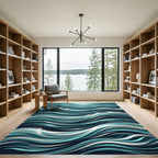 Dynamic Teal and Navy Ocean Wave Rug
