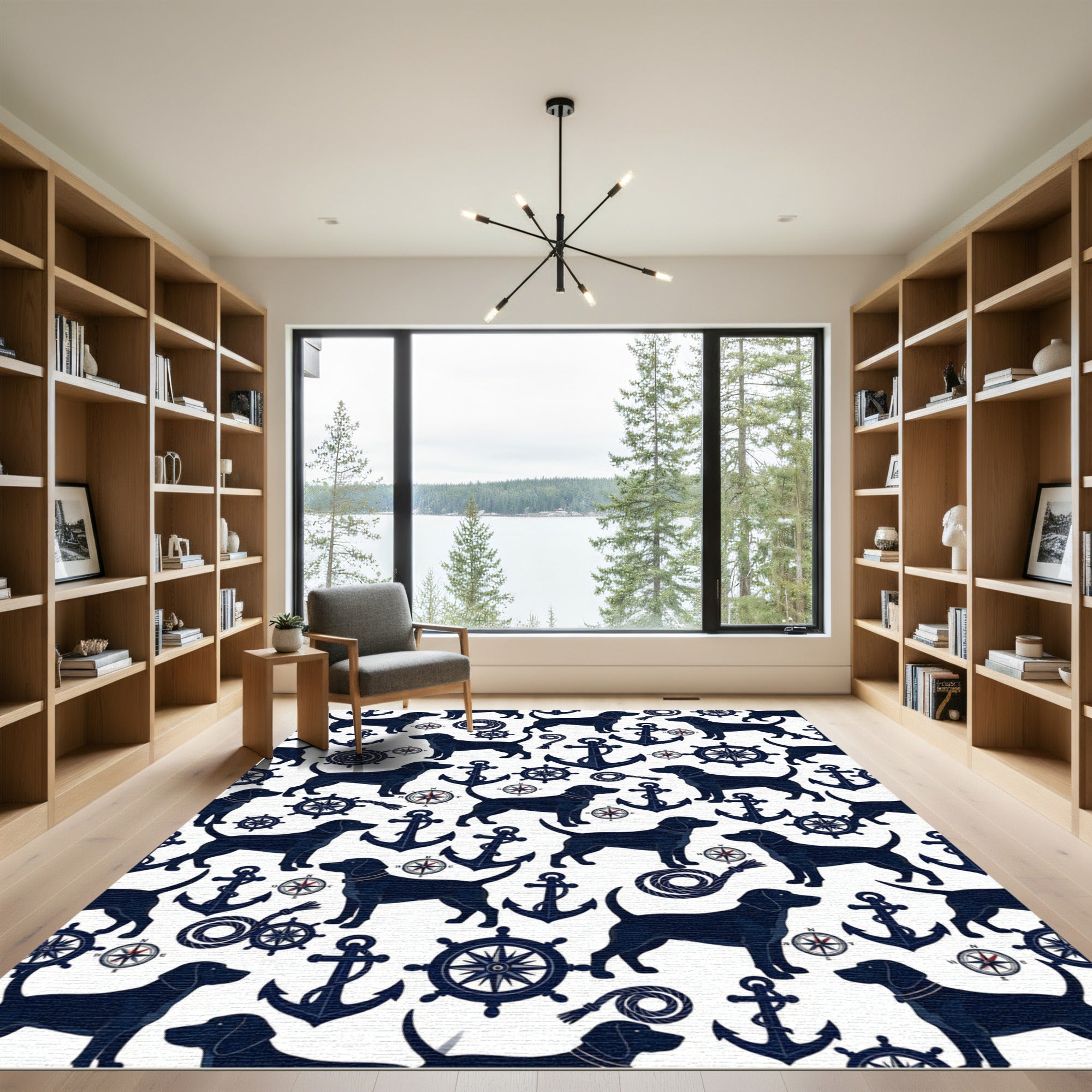 Navy Nautical Labrador Compass Anchor Rug