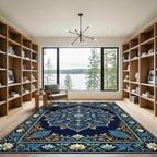 Deep Blue Golden Lotus Mandala Rug