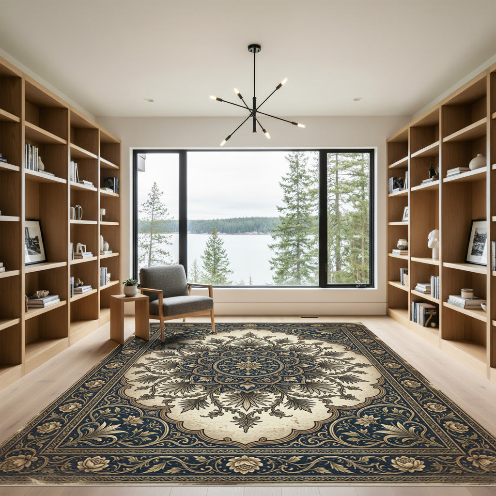 Deep Blue Vintage Floral Arch Rug