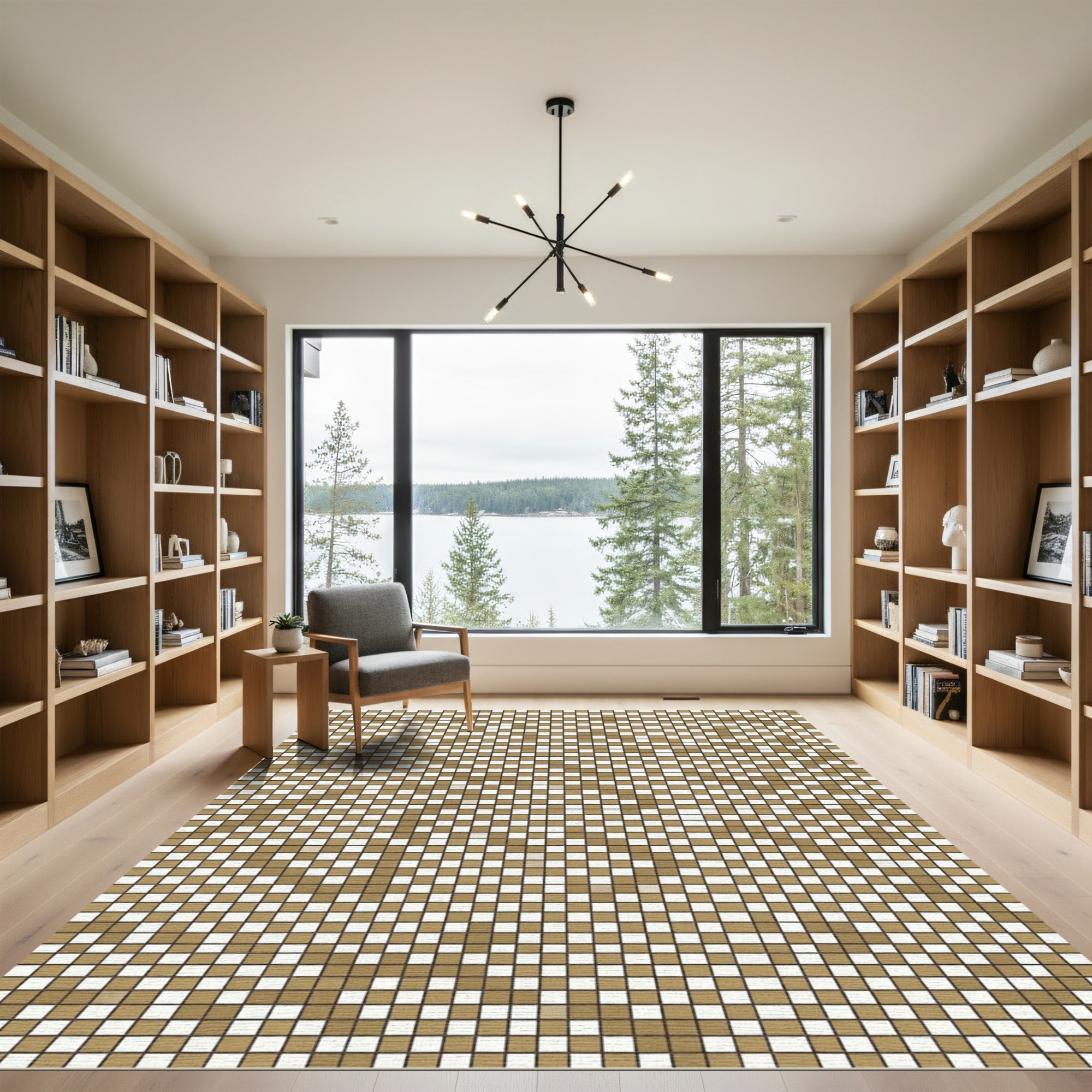 Earthy Gold White Checkerboard Mosaic Rug