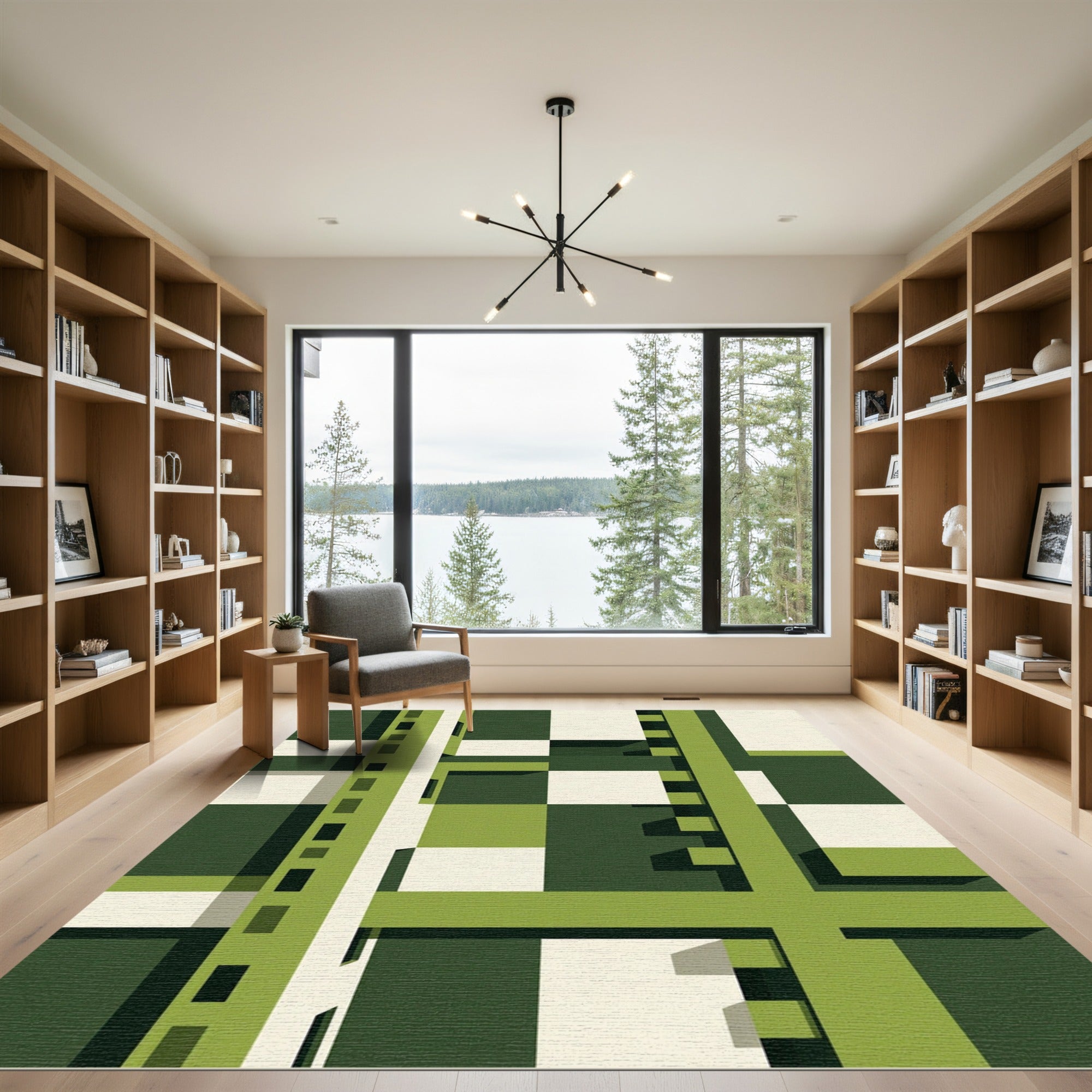 Modern Geometric Olive and Cream Grid Rug