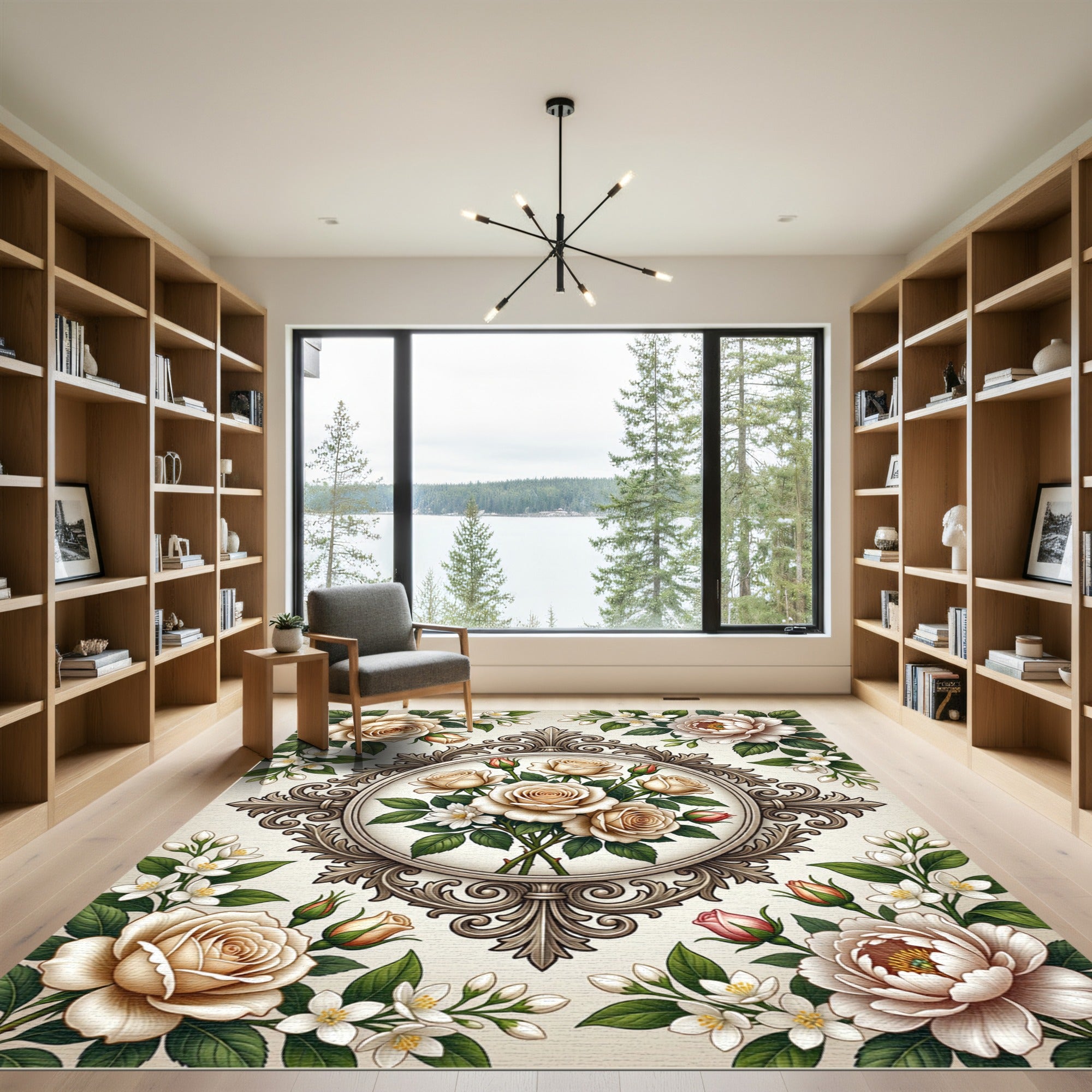 Elegant Victorian Cream Rose Medallion Rug