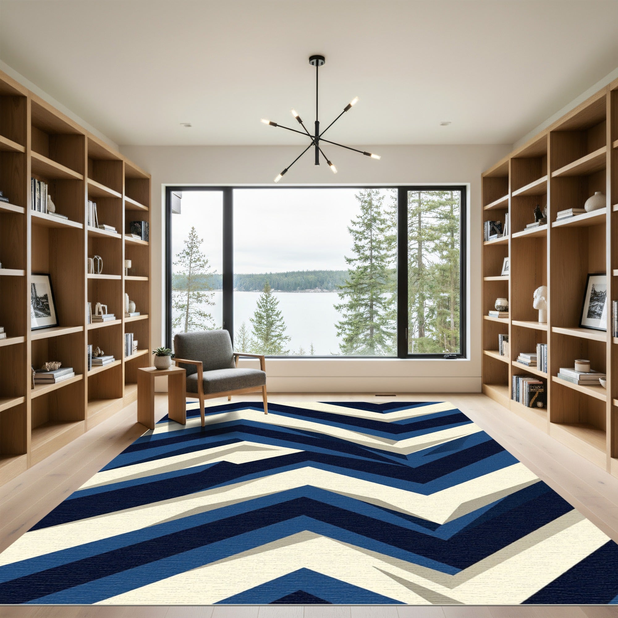 Navy Blue Zigzag Geometric Depth Rug