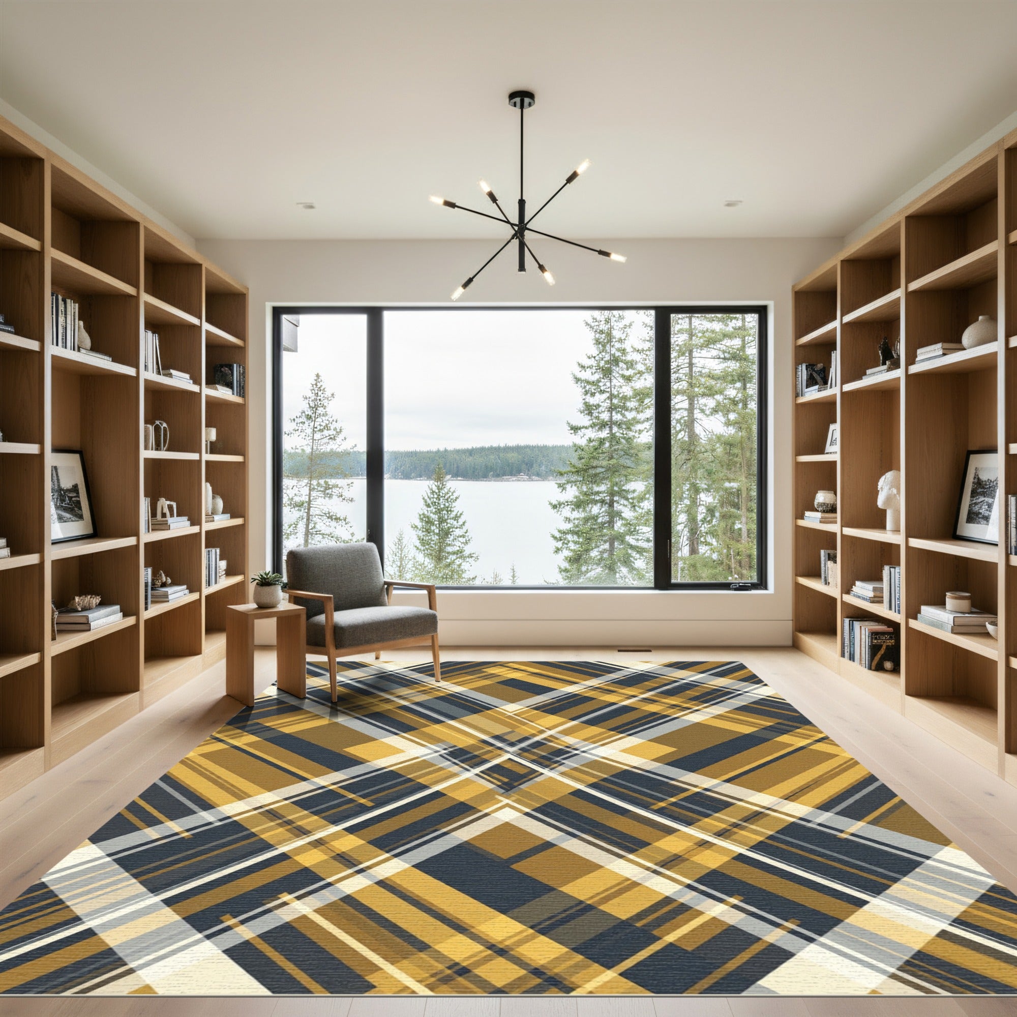Golden Ochre Navy Diagonal Plaid Rug
