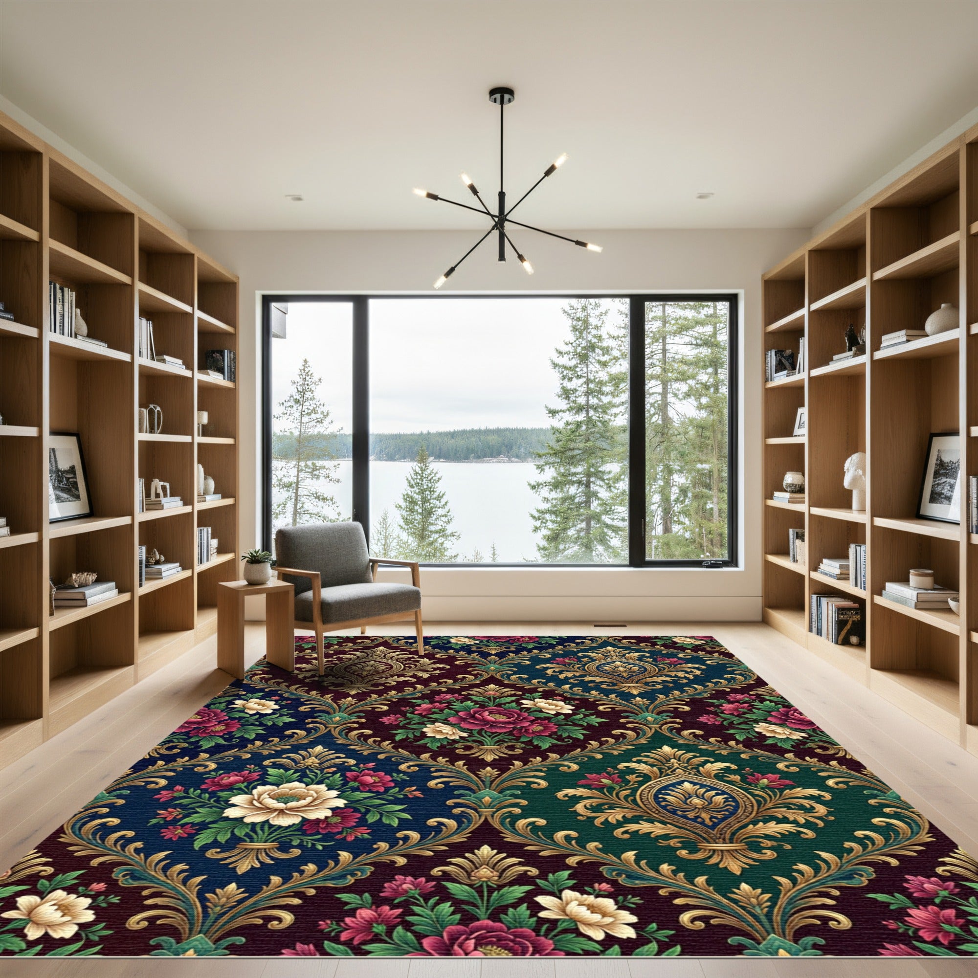 Ornate Jewel Tone Floral Damask Grid Rug