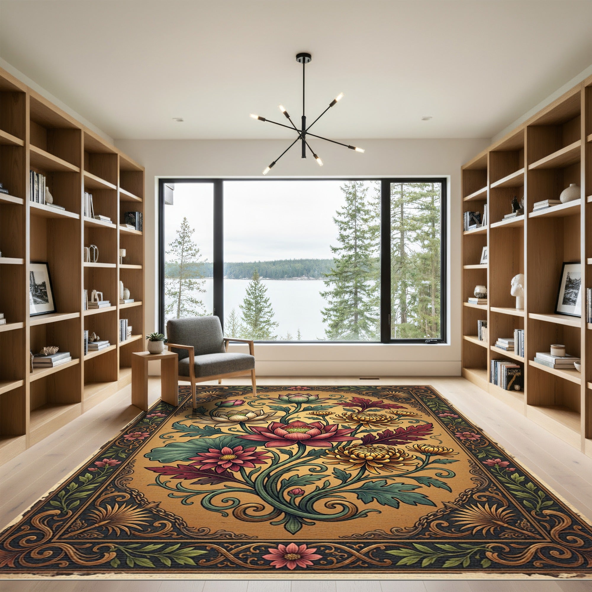 Ornate Crimson Lotus and Gold Chrysanthemum Composition Rug