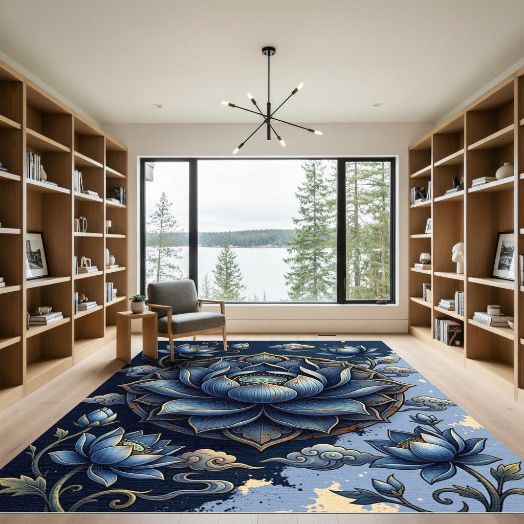 Elegant Navy Lotus Mandala Cloud Arrangement Rug