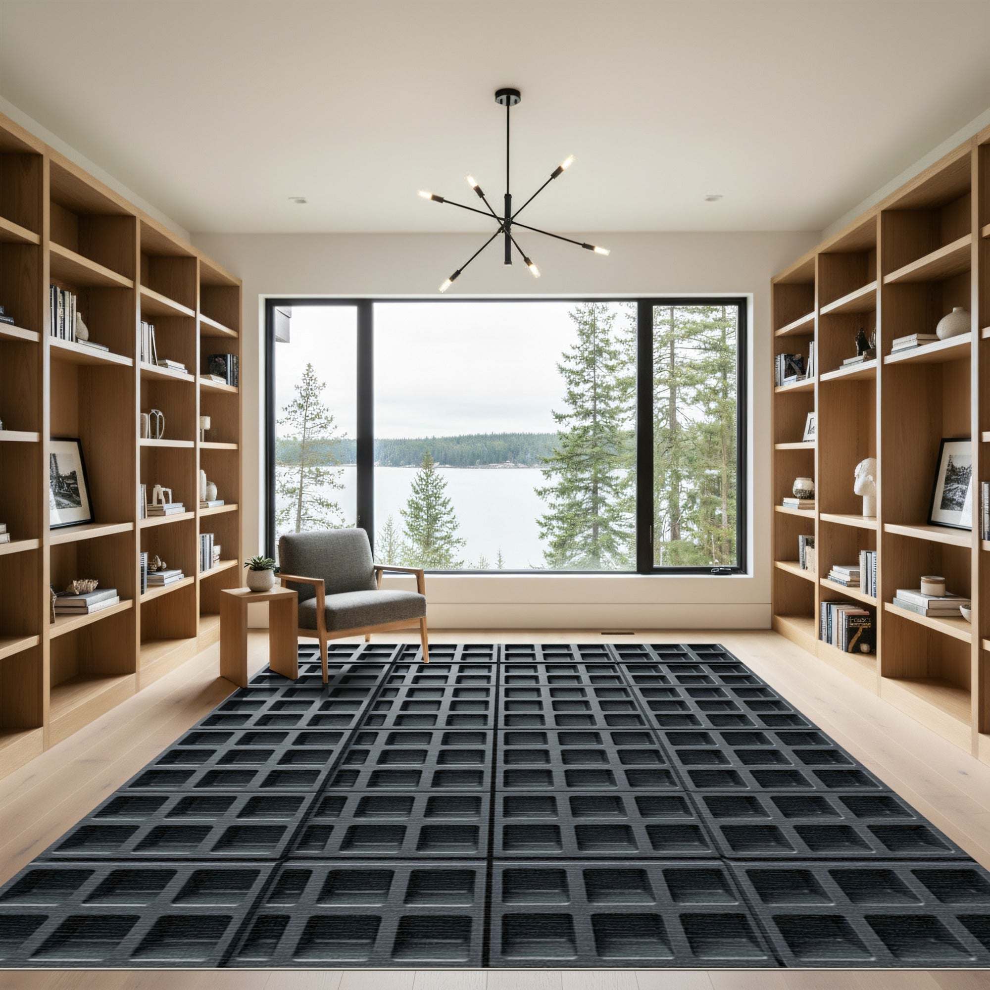 Modern Charcoal Three-Dimensional Grid Rug
