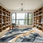 Modern Charcoal and Sand Abstract Watercolor Wave Rug