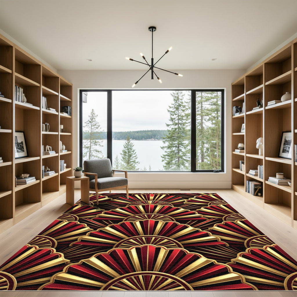 Art Deco Crimson and Gold Fan Rug