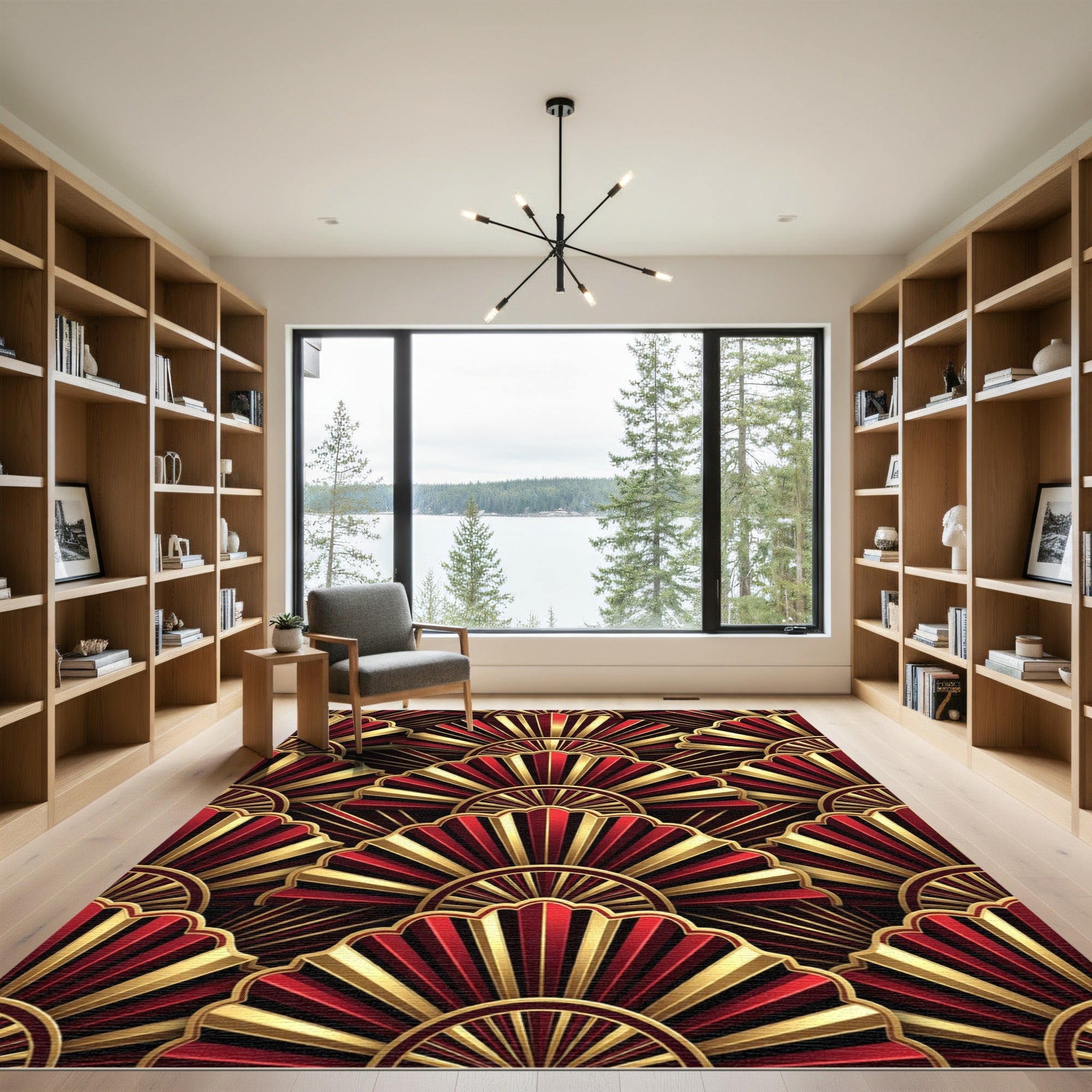 Art Deco Crimson and Gold Fan Rug