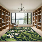 Lush White Blossom And Fern Pattern Rug