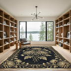 Vintage Gold Black Floral Chrysanthemum Illustration Rug