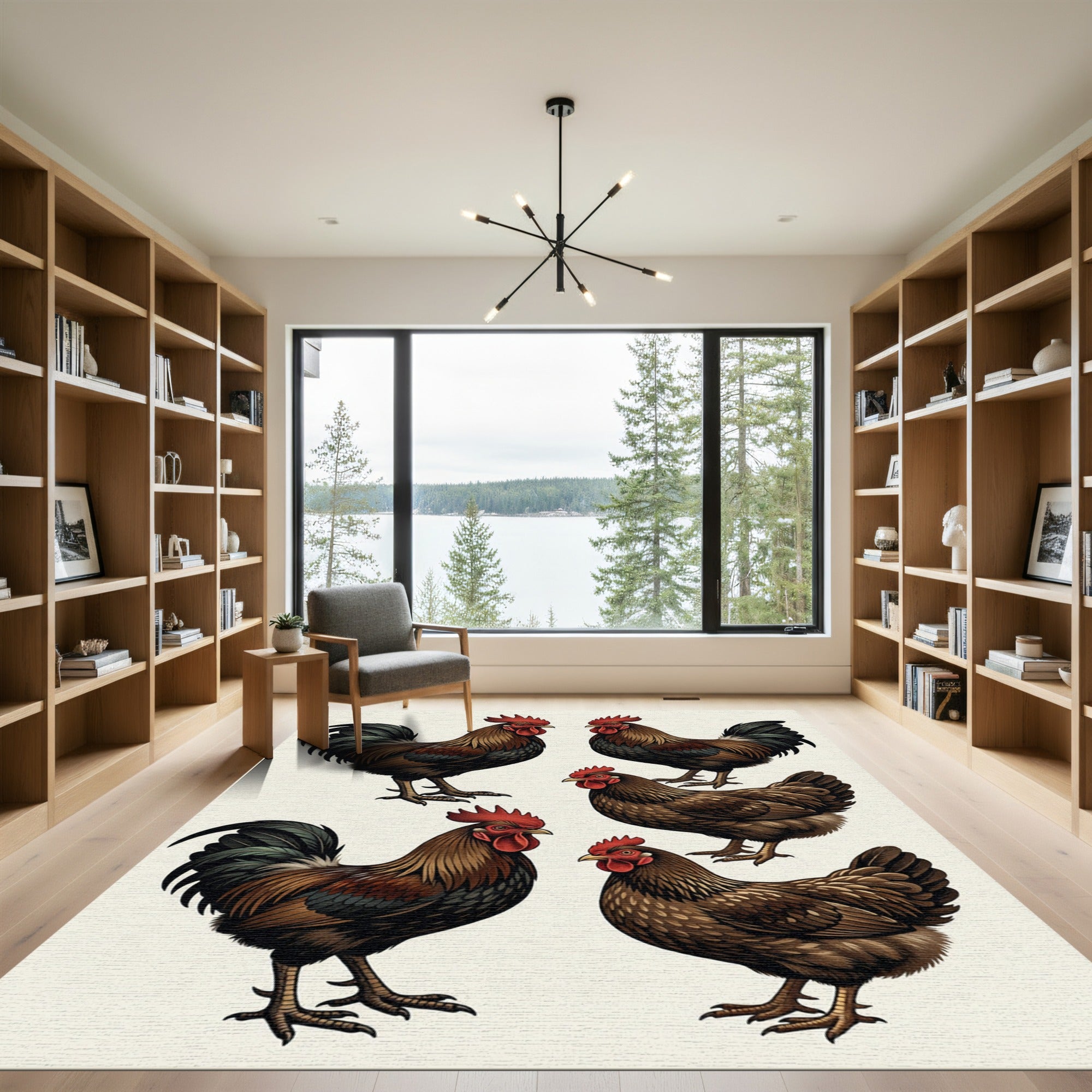Rustic Farmhouse Brown Rooster Illustration Rug