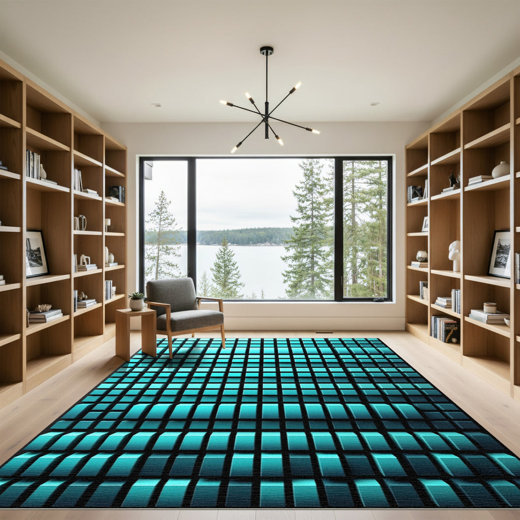 Cyan Geometric Isometric 3D Cube Rug