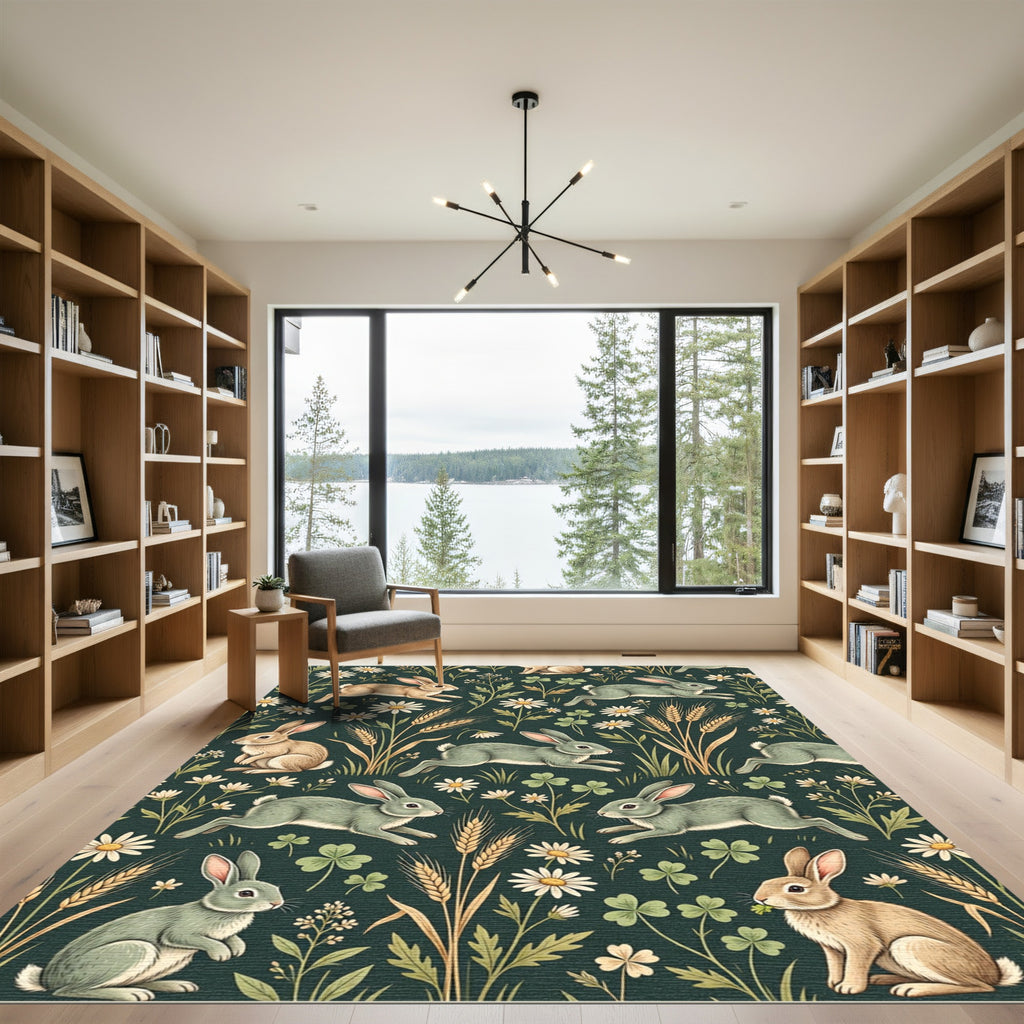 Whimsical Emerald Meadow Rabbit Garden Rug