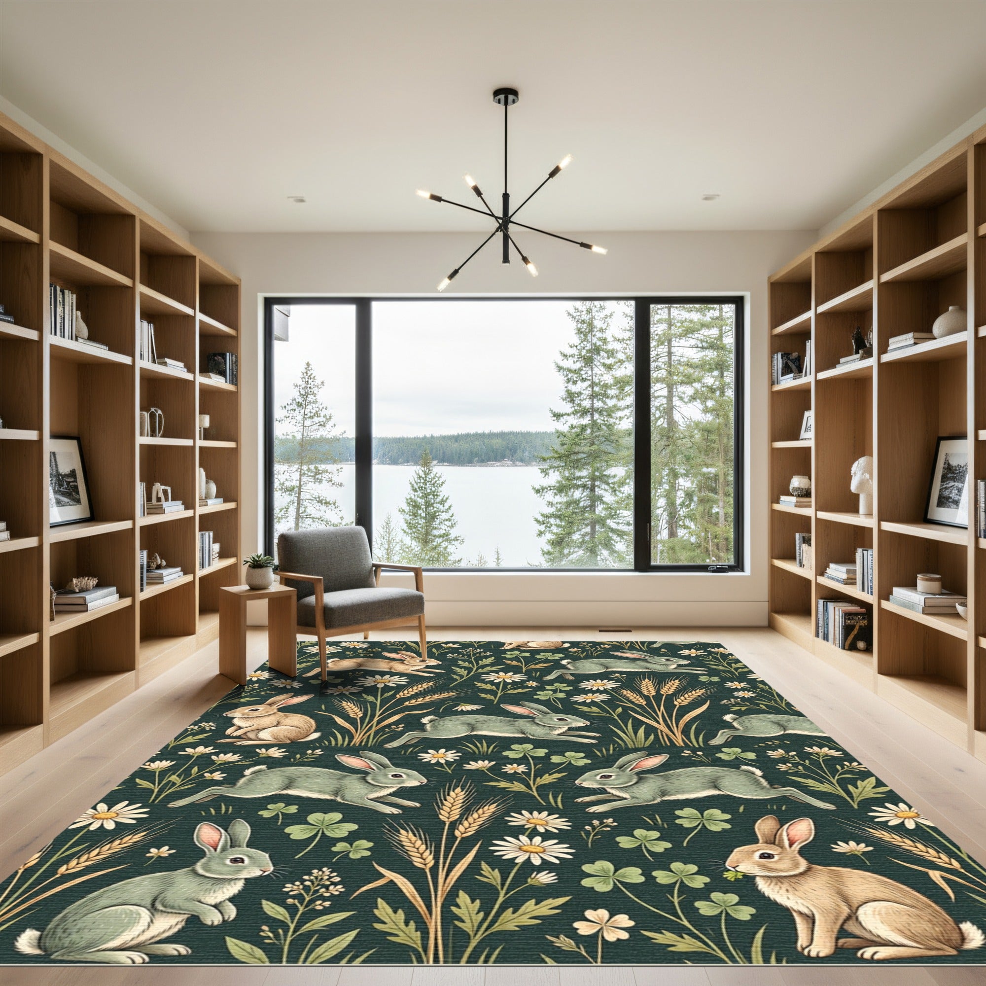 Whimsical Emerald Meadow Rabbit Garden Rug