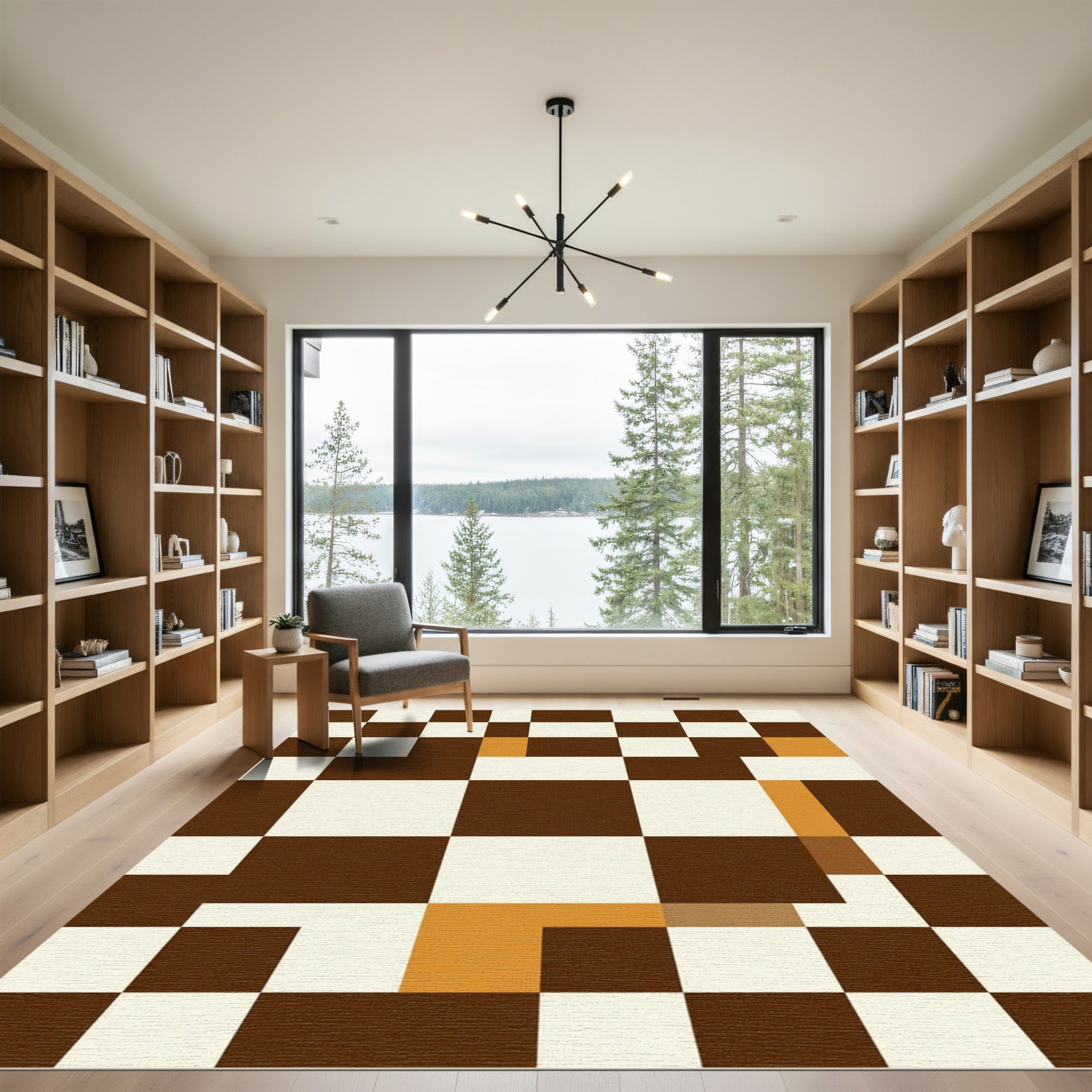 Modern Brown and Ochre Checkerboard Grid Rug