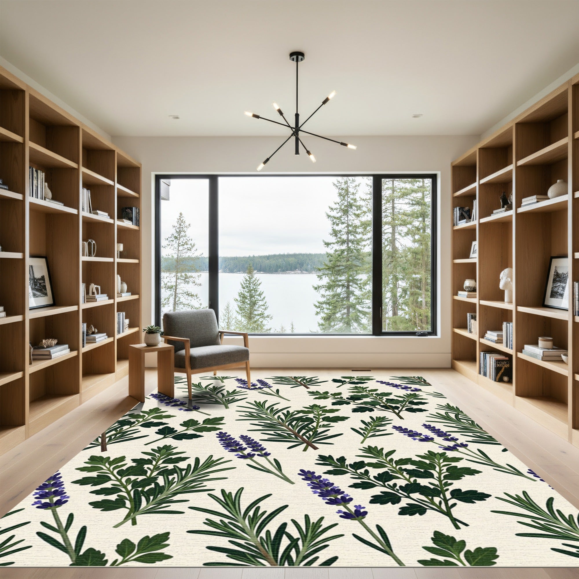 Botanical Rosemary and Lavender Cream Herb Garden Rug