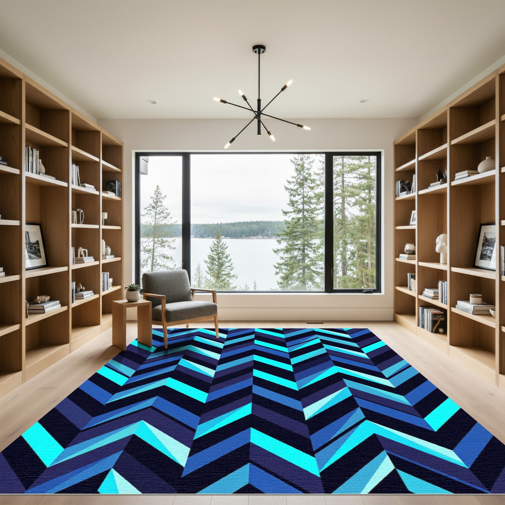 Deep Blue Chevron Geometric Rug