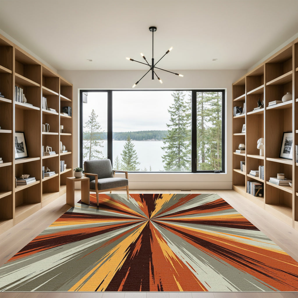 Abstract Radial Burst Orange Gray Rug