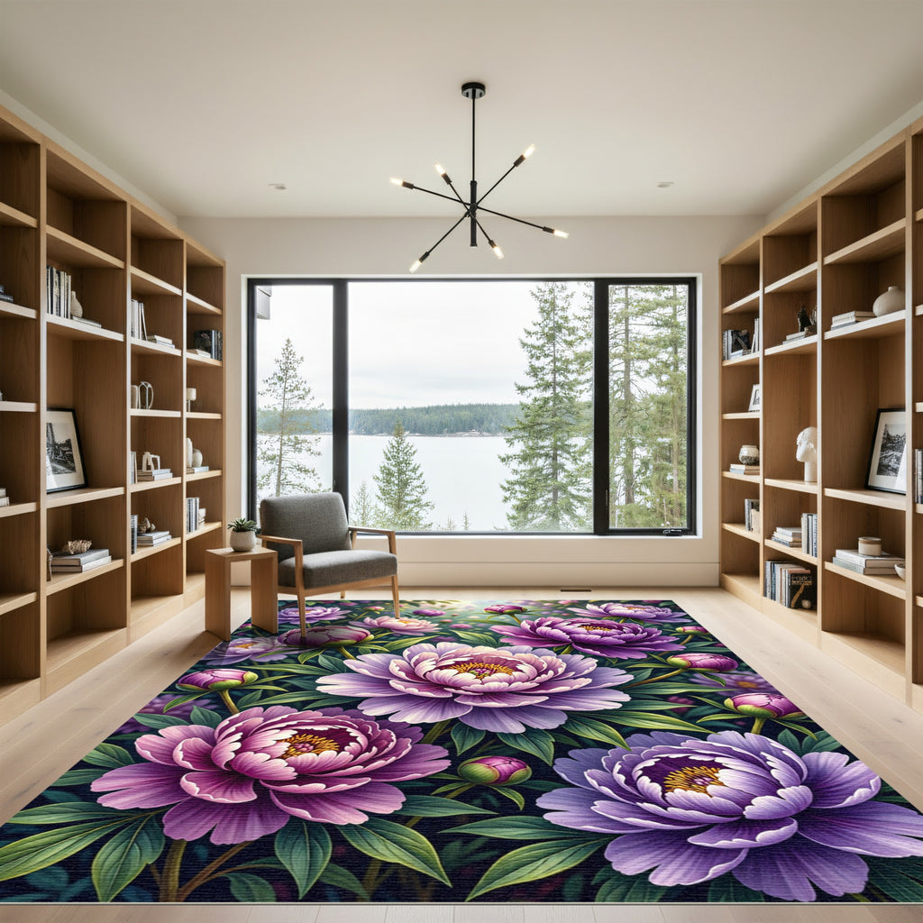 Vibrant Purple Peony Botanical Floral Rug