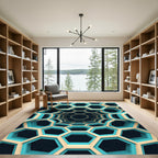 Geometric Cyan Hexagonal Tunnel Abyss Rug