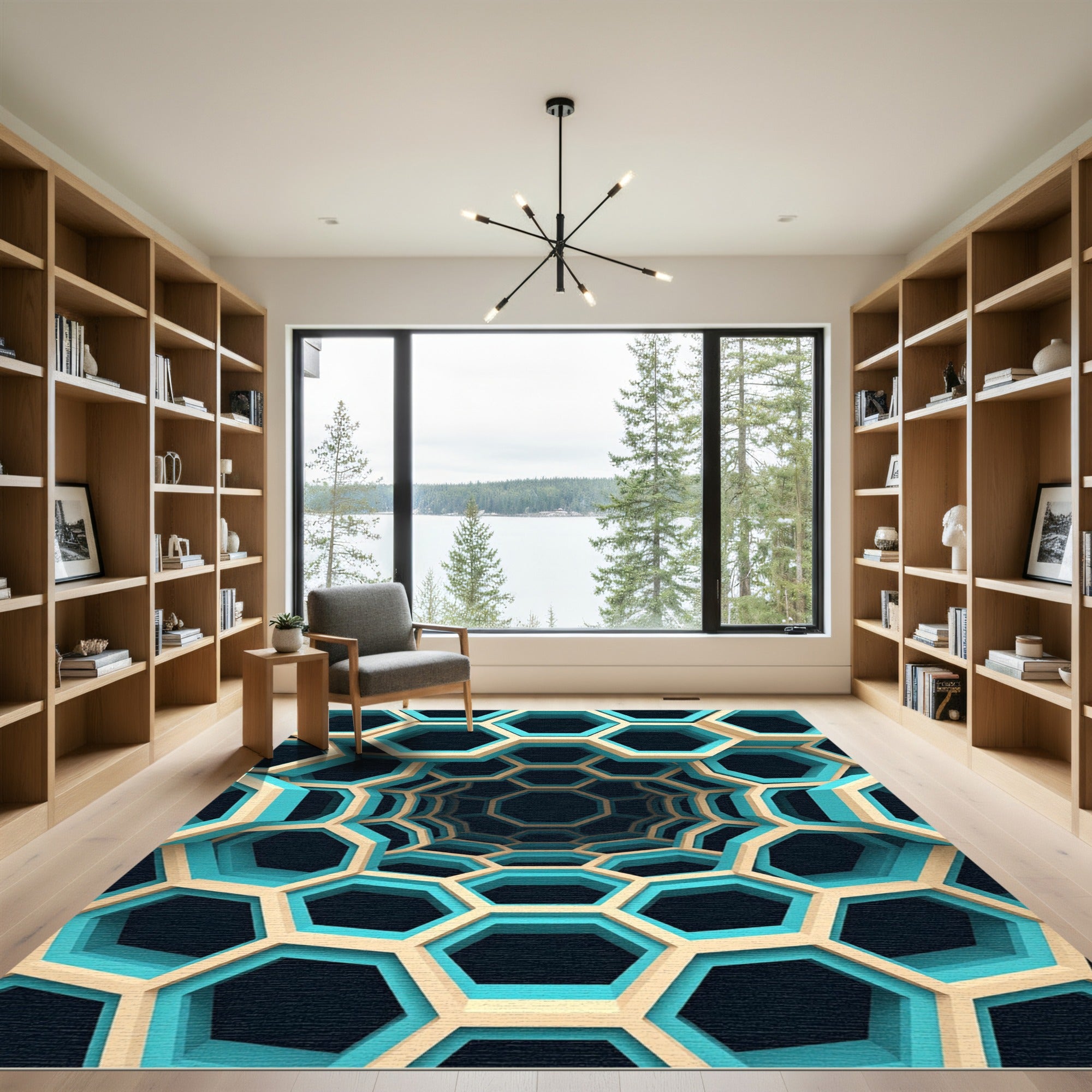Geometric Cyan Hexagonal Tunnel Abyss Rug