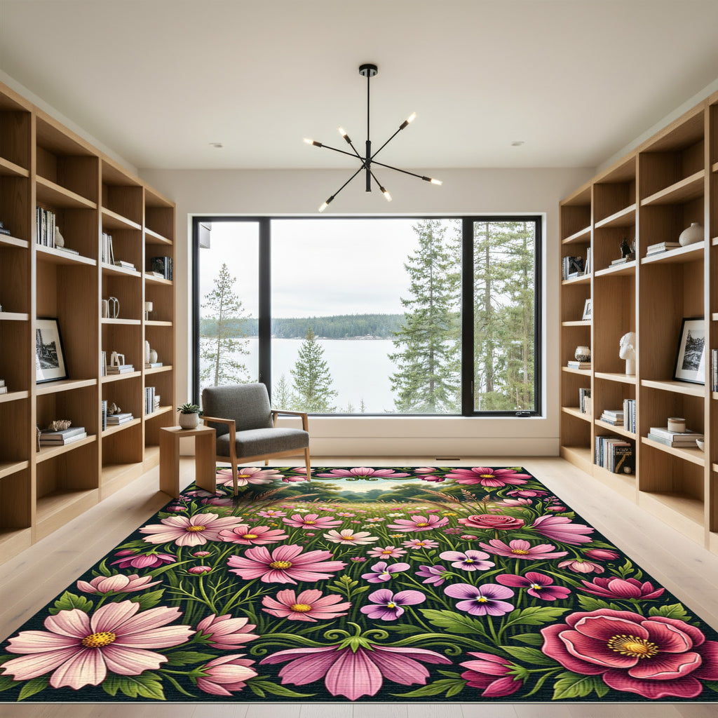 Pink Garden Floral Meadow Scape Rug