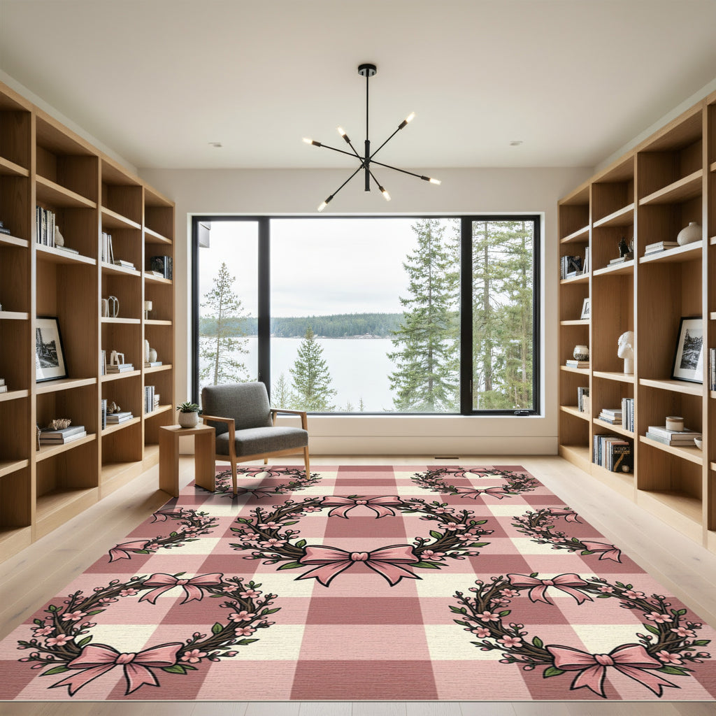 Blush Pink Gingham Cherry Blossom Wreath Rug