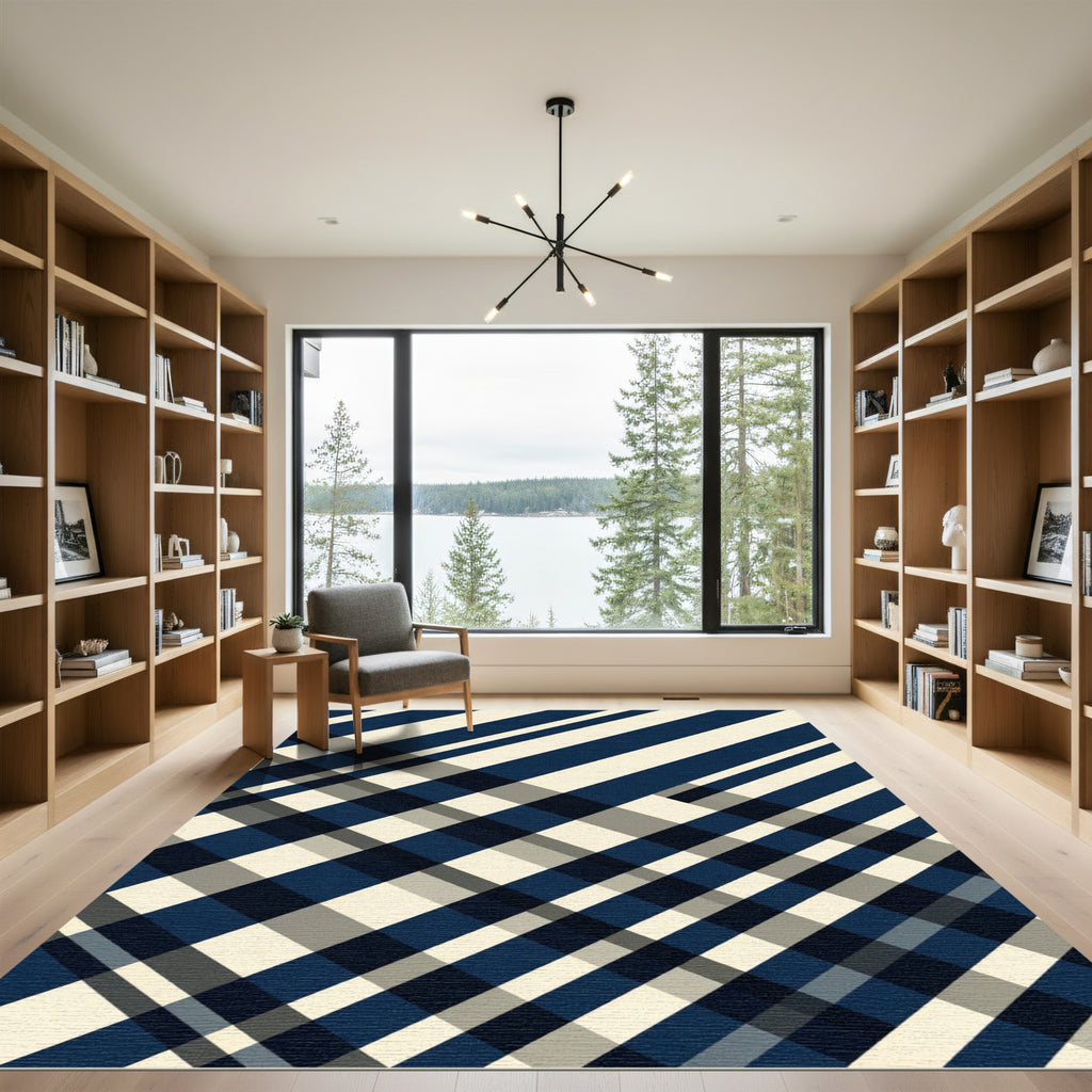 Modern Navy Cream Diagonal Plaid Rug