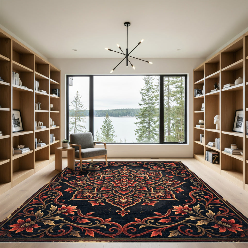 Ornate Crimson Floral Medallion Abstract Rug