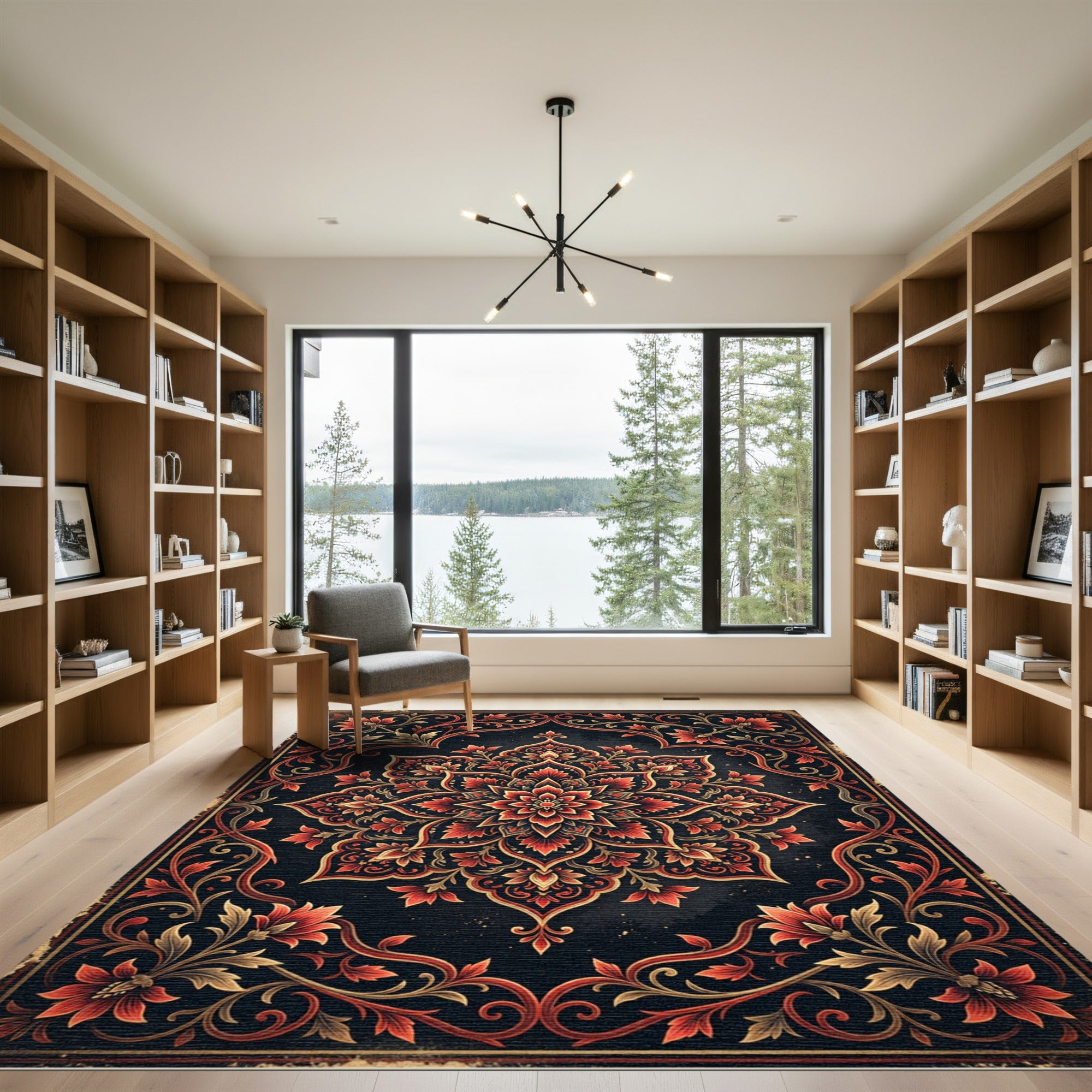 Ornate Crimson Floral Medallion Abstract Rug