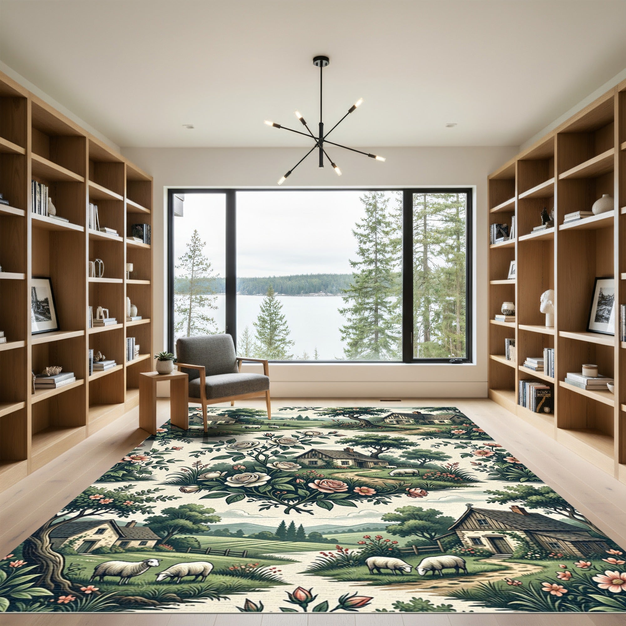 Pastoral Rose Cottage Landscape Scene Rug