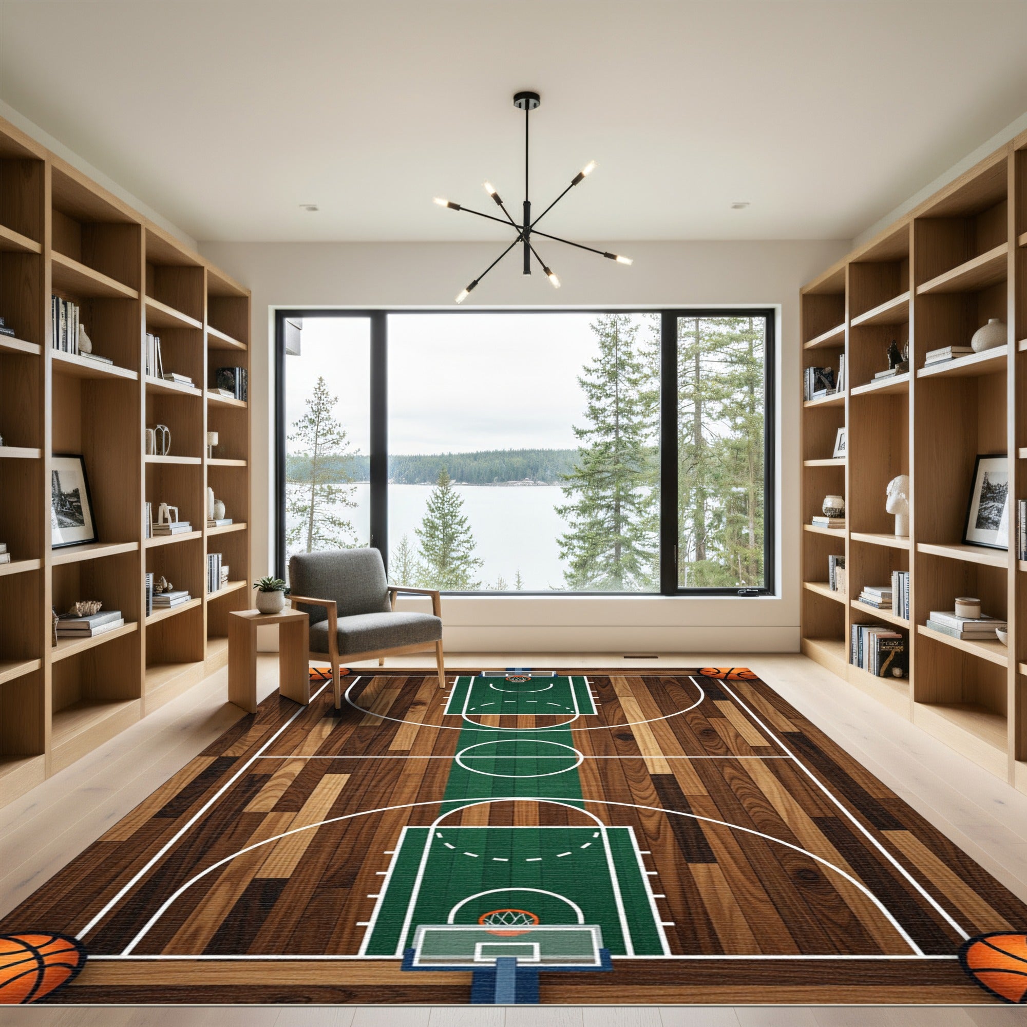 Basketball Court Green Wood Centerpiece Rug