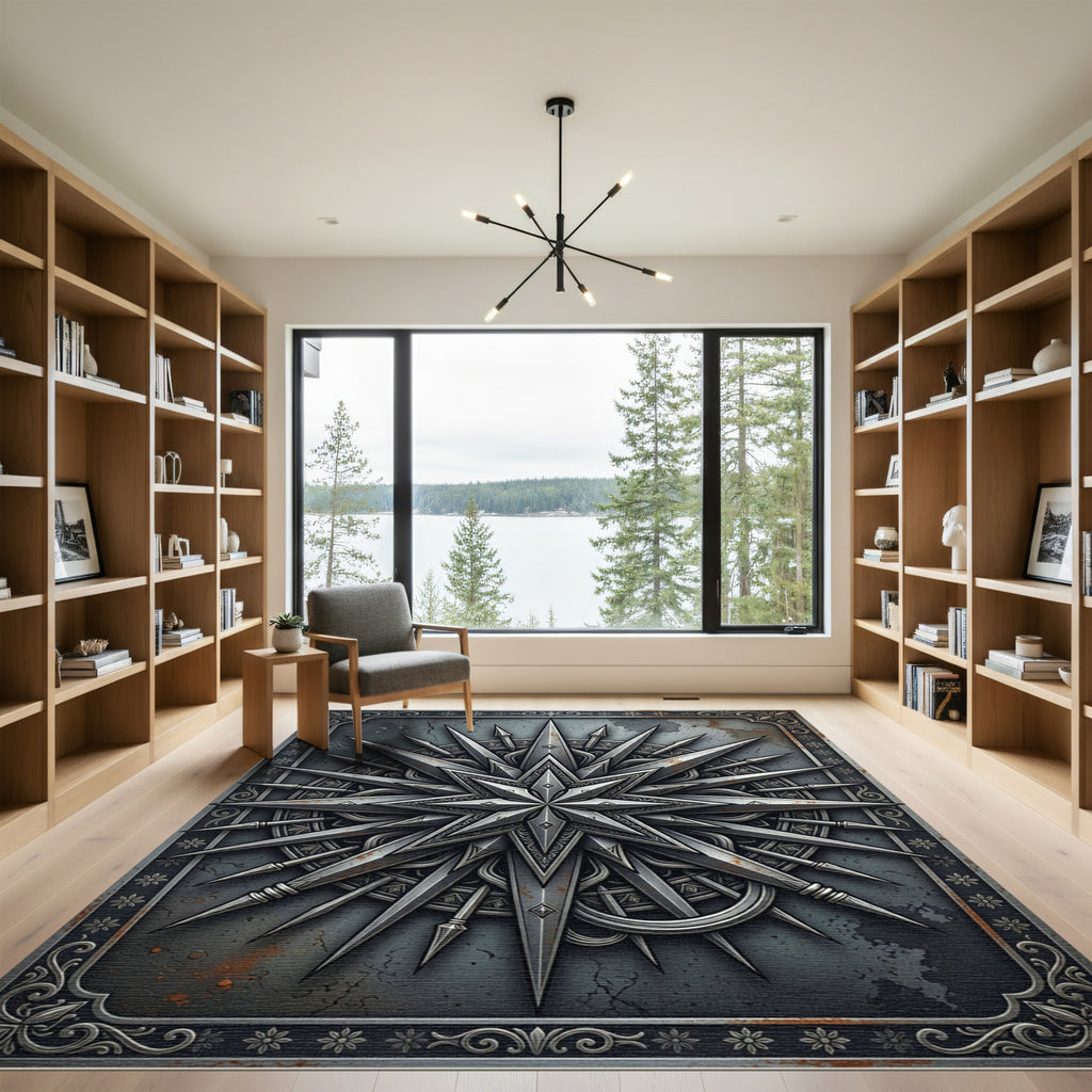 Metallic Silver Celestial Compass Star Rug