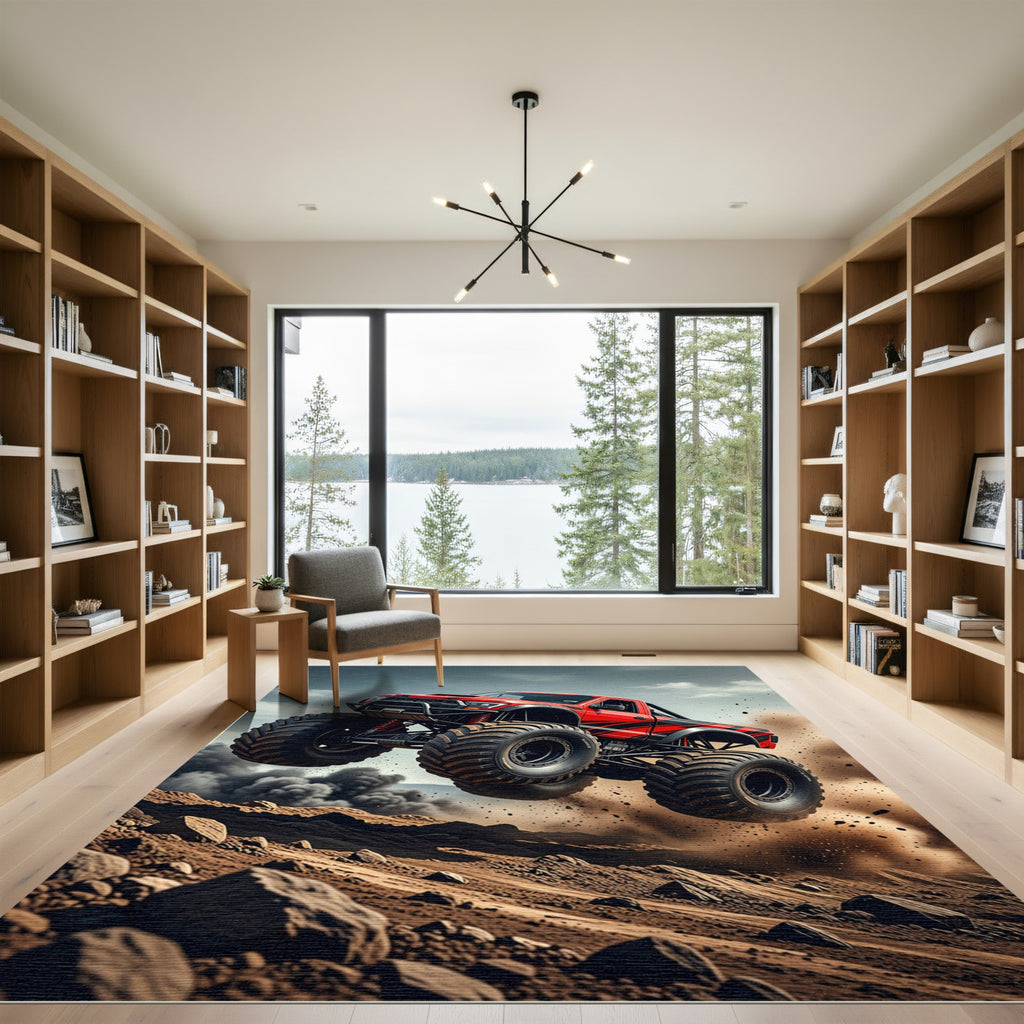 Dynamic Red Monster Truck Action Rug